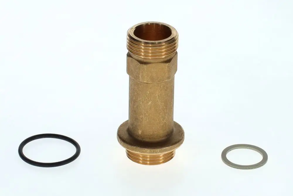 Messing Doppelnippel von Bosch mit Innen- und Außengewinde, umgeben von zwei Dichtungsringen. Ideal für Rohrverbindungen in sanitärtechnischen Anwendungen.